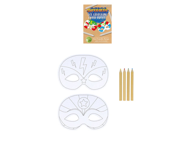 Superhelden-Maskenkorb-Set für Kinder – 2 DIY-Papiermasken A4 inkl. 4 Buntstifte TK Gruppe® Grosshandel 
