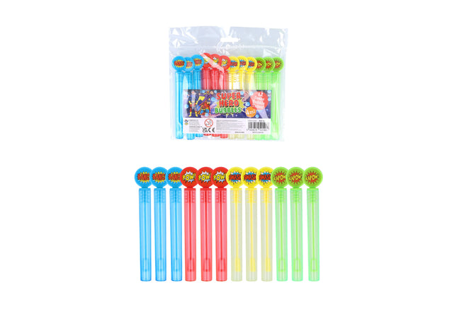 Superheroes Bubble Party Röhrchen, 4ml, 10,5cm, 4 Farben Set TK Gruppe® Grosshandel 