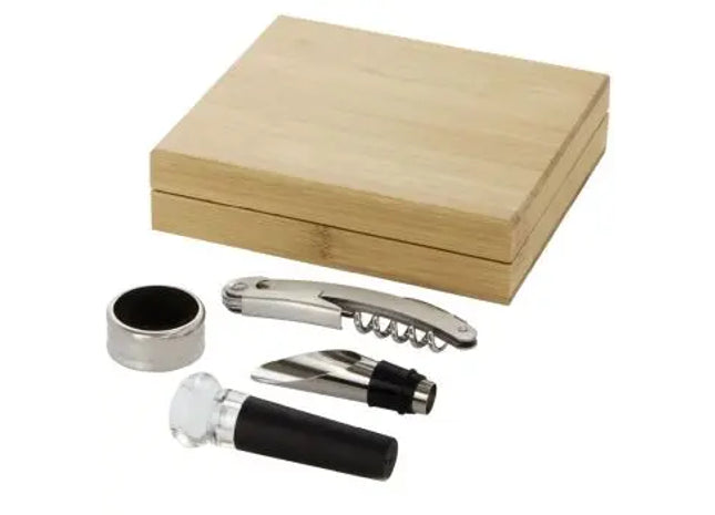 Syrat 4-teiliges Weinzubehör-Set - Naturholz & Silber, Exklusive Weinpflege TK Gruppe® Grosshandel 