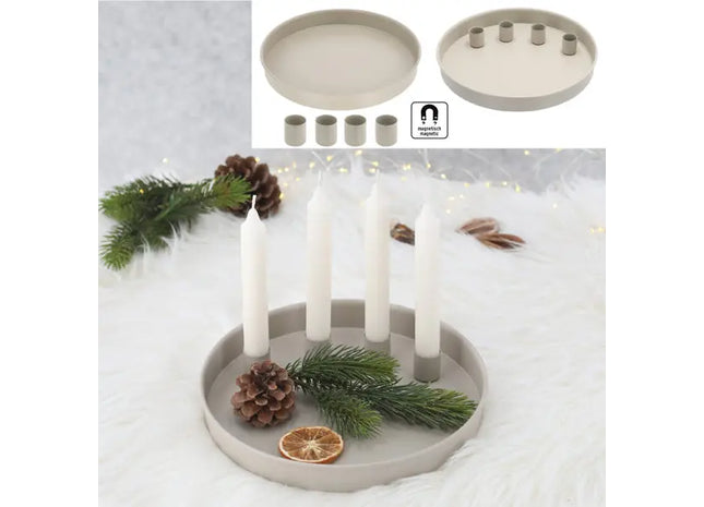 Tablett mit 4 magnetischen Stabkerzenhaltern, Taupe, Durchmesser 25 cm TK Gruppe® Grosshandel 