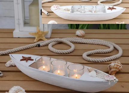 Teelichthalter-Set, Boot - Weißes, ca. 40 cm breites Teelicht-Display im maritimen Stil TK Gruppe® Grosshandel 