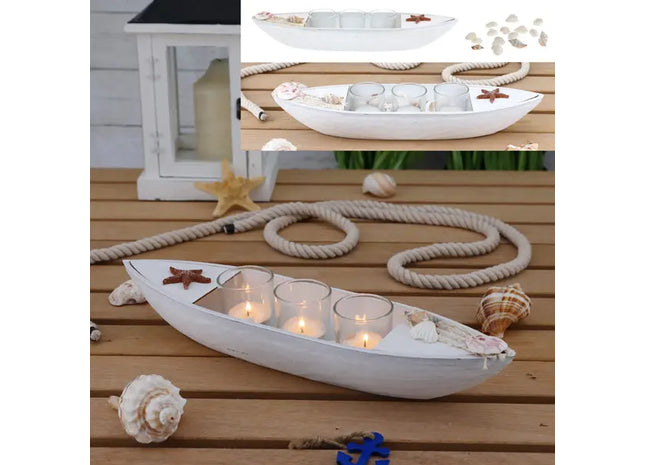 Teelichthalter-Set, Boot - Weißes, ca. 40 cm breites Teelicht-Display im maritimen Stil TK Gruppe® Grosshandel 