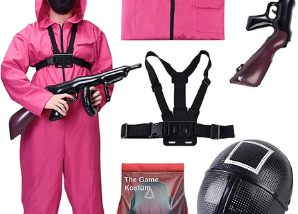The Game Squid 4 in 1 - Set Kostüm mit Anzug & Gewehr & Maske - Erwachsene für Fasching & Karneval & Halloween TK Gruppe® Grosshandel 