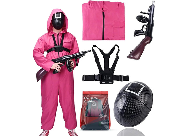 The Game Squid 4 in 1 - Set Kostüm mit Anzug & Gewehr & Maske - Erwachsene für Fasching & Karneval & Halloween TK Gruppe® Grosshandel 