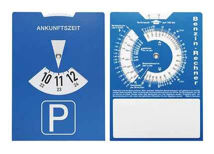 Titel für Karton-Parkscheibe mit Benzinrechner - blau - weiß: Innovative Parkscheibe mit Benzinrechner in Blau-Weiß - Smart & Nützlich TK Gruppe® Grosshandel 