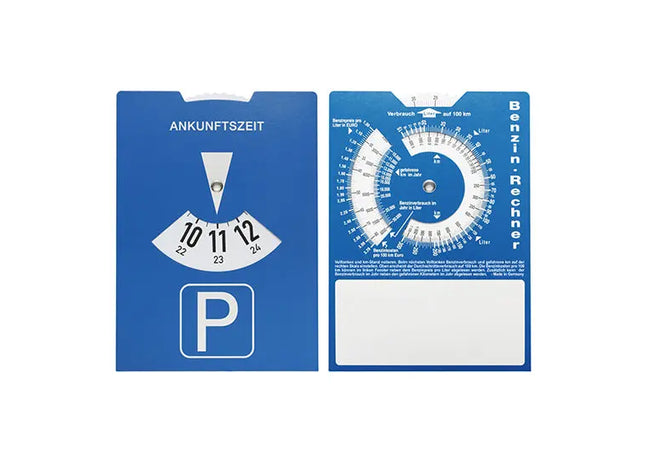 Titel für Karton-Parkscheibe mit Benzinrechner - blau - weiß: Innovative Parkscheibe mit Benzinrechner in Blau-Weiß - Smart & Nützlich TK Gruppe® Grosshandel 