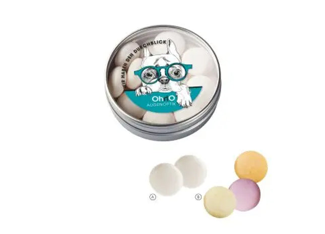 Transparente Mentos-Dose mit individuellem Druck – Perfekt für Promotionen TK Gruppe® Grosshandel 