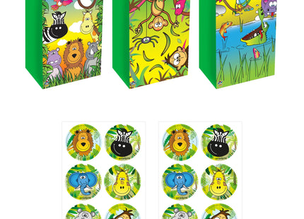 Tüte Jungle 3Er-Pack, Aufkleber mit 3 cm, 6 Motive, Tüten 13x25x8 cm TK Gruppe® Grosshandel 