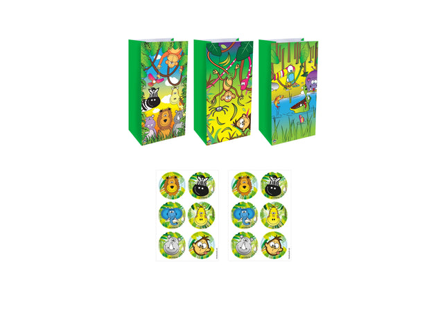 Tüte Jungle 3Er-Pack, Aufkleber mit 3 cm, 6 Motive, Tüten 13x25x8 cm TK Gruppe® Grosshandel 