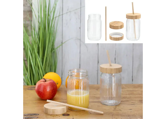 Umweltfreundliches Trinkglas mit Bambusdeckel und -halm, 400ml TK Gruppe® Grosshandel 