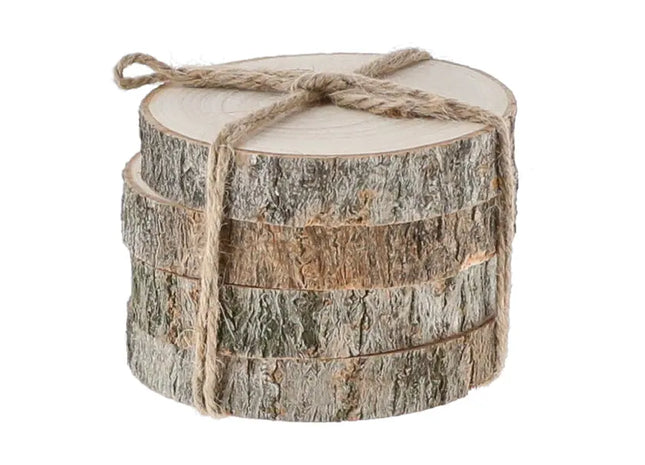 Untersetzer Holzscheibe, 4er Set, ca. 12cm Durchmesser – Natürliche Holzuntersetzer, Rustikaler Tischschutz TK Gruppe® Grosshandel 