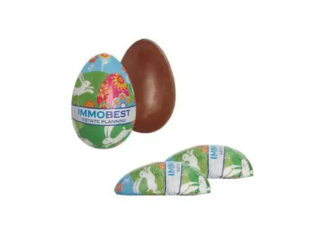 Vollgegossenes Schoko-Halbei mit individuellem Druck – Perfekt für Werbezwecke TK Gruppe® Grosshandel 