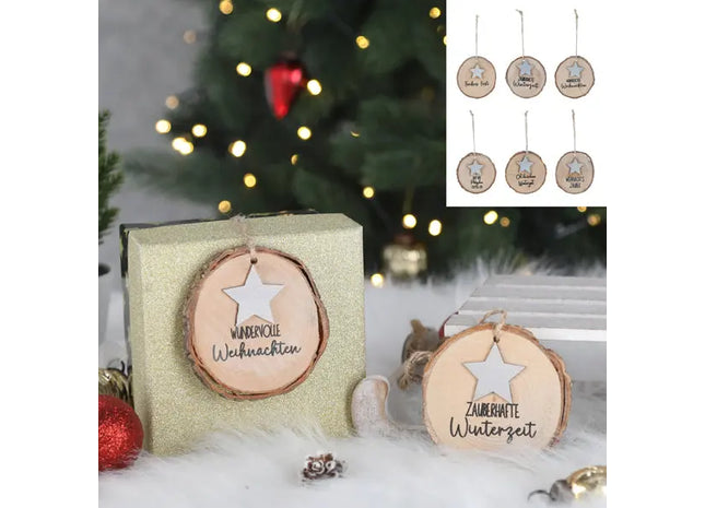 Weihnachtliche Baumscheiben zum Aufhängen, Set von 6, XMAS-Motive TK Gruppe® Grosshandel 