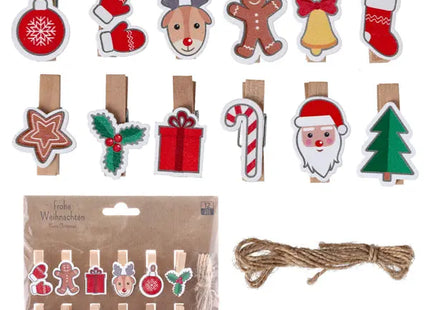 Weihnachtliche Befestigungsclips mit Schnur, 12-teiliges Set TK Gruppe® Grosshandel 