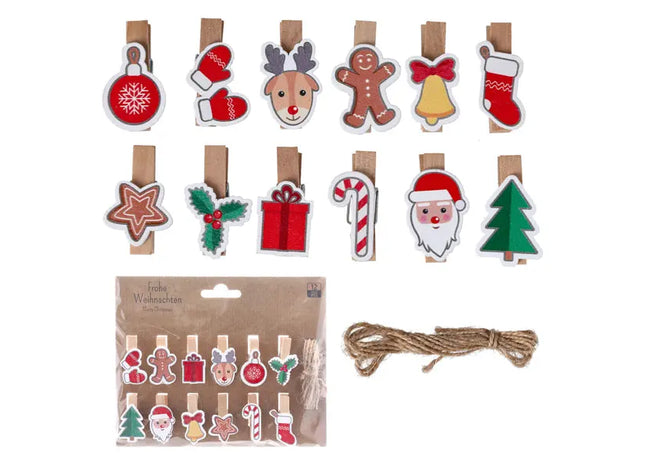 Weihnachtliche Befestigungsclips mit Schnur, 12-teiliges Set TK Gruppe® Grosshandel 