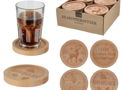 Weihnachtliche Glasuntersetzer mit Holzdekoration, 4er-Set, 11,5cm – Festliche Tischdeko TK Gruppe® Grosshandel 