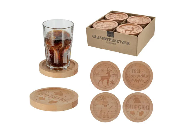 Weihnachtliche Glasuntersetzer mit Holzdekoration, 4er-Set, 11,5cm – Festliche Tischdeko TK Gruppe® Grosshandel 