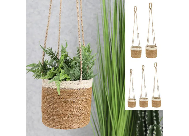 5er Set Hänge-Pflanzkörbe aus Seegras, Natur/Weiß - Ideal für Innen- & Außendekor TK Gruppe® Grosshandel 