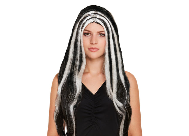 Lange Hexenperücke Schwarz/Weiß Streift, 65cm 150g - Ideal für Halloween TK Gruppe® Grosshandel 