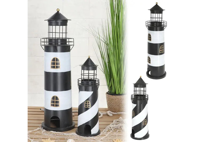Maritime Leuchtturm-Windlichter aus Metall - 2er Set, Schwarz/Weiß, 73cm Hoch TK Gruppe® Grosshandel 