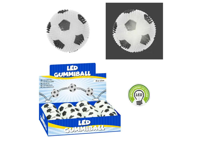 Blinkender LED Gummiball Fußball – Schwarz/Weiß, Durchmesser 6,5cm, Spielvergnügen TK Gruppe® Grosshandel 