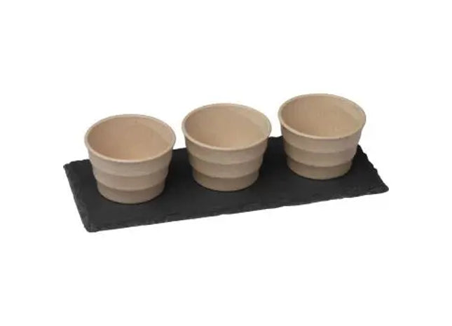 Weißes 4er Porzellanschälchen Set auf edlem Schieferbrett TK Gruppe® Grosshandel 