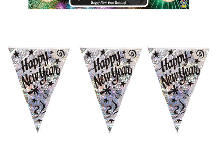 Wimpelkette „Frohes Neues Jahr“, 3,6 m, mit 11 holografischen PVC-Wimpeln – festliche Dekoration TK Gruppe® Grosshandel 