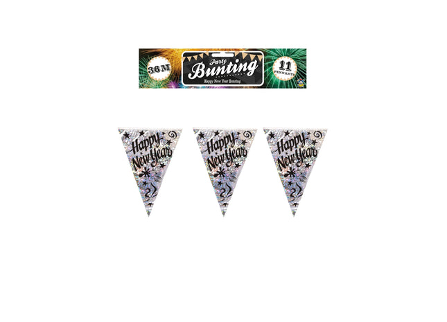 Wimpelkette „Frohes Neues Jahr“, 3,6 m, mit 11 holografischen PVC-Wimpeln – festliche Dekoration TK Gruppe® Grosshandel 