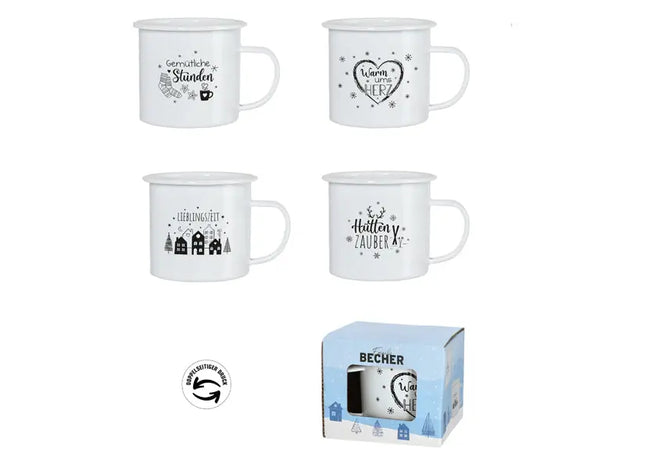 Winterliche Emaille-Becher, 4er-Set, ca. 9cm Hoch - Gemütliche Trinkgefäße TK Gruppe® Grosshandel 