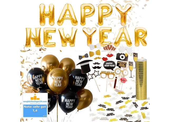 XXL Silvester Deko Set 2023 - mit Luftballons, Luftschlangen, Latexballons, Konfetti, Fotorequisiten als Dekoration zu Neujahr (XXL Set)