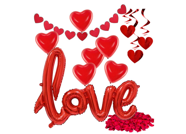 XXL Valentinstag Dekoration Deko Set - Heiratsantrag Hochzeit mit Herzluftballons, Girlande, LOVE Folienballon, Rosenblätter rot - Für Sie & Ihn - Fre