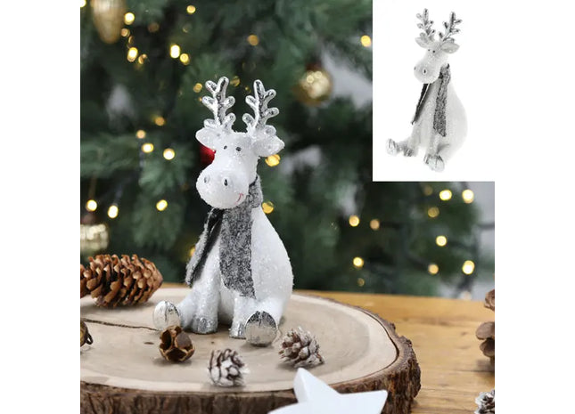 Zauberhafter Sitzender Hirsch mit Schal, Winterliche Deko, ca. 16 cm Hoch TK Gruppe® Grosshandel 