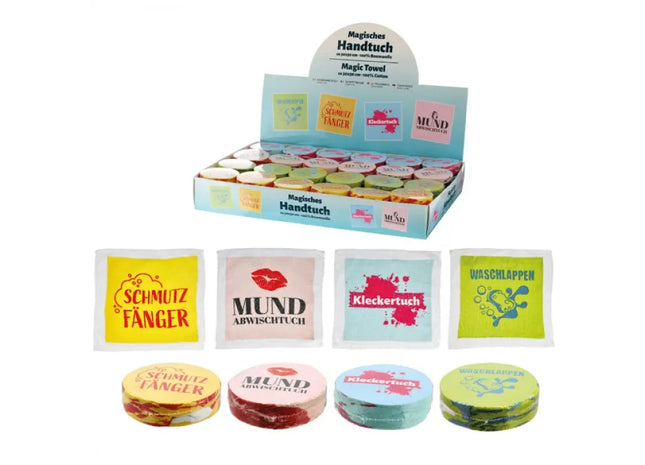 Zauberhandtücher mit Sprüchen, 4er-Set, 30x30 cm - Kompakte Spenderbox TK Gruppe® Grosshandel 