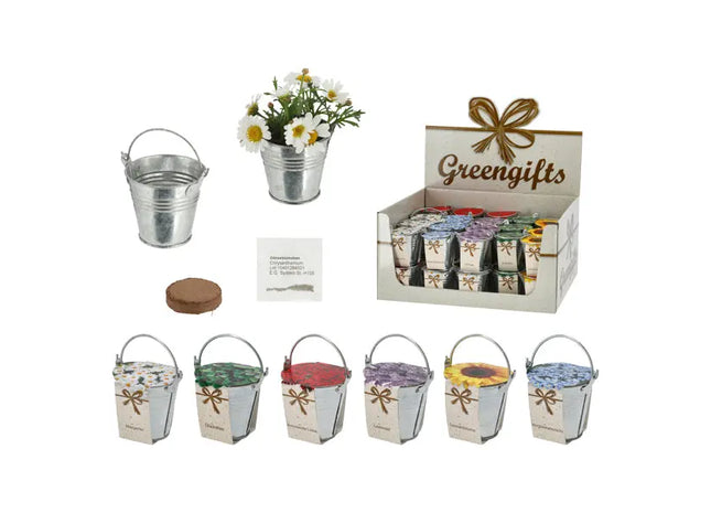 Zinkeimer Mini mit Kokosquellpad und Samen, Blumen, 6er-Set – Dekorative Pflanzensets TK Gruppe® Grosshandel 