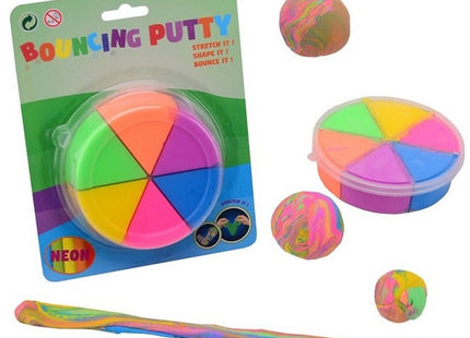 Bouncing putty 6 neon kleuren bewaardoos op kaart 15x14cm