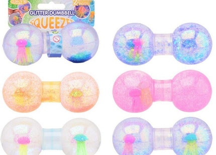 Glitter squeeze dumbell met kwal op kaart 12x5x10cm