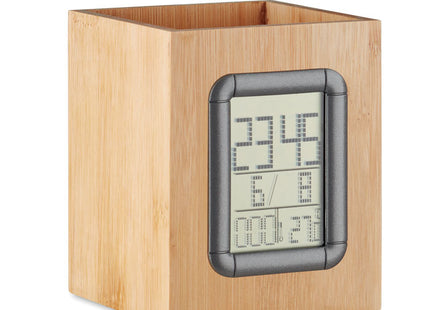 Bambus-Stiftehalter und LCD-Uhr