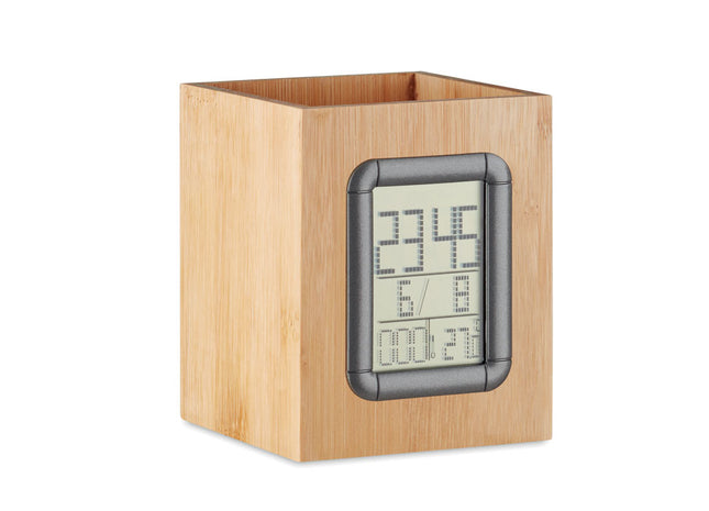 Bambus-Stiftehalter und LCD-Uhr