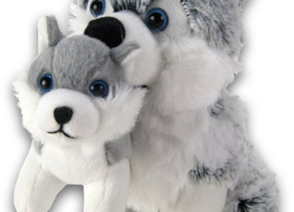 Pluche Husky zittend met baby 25cm