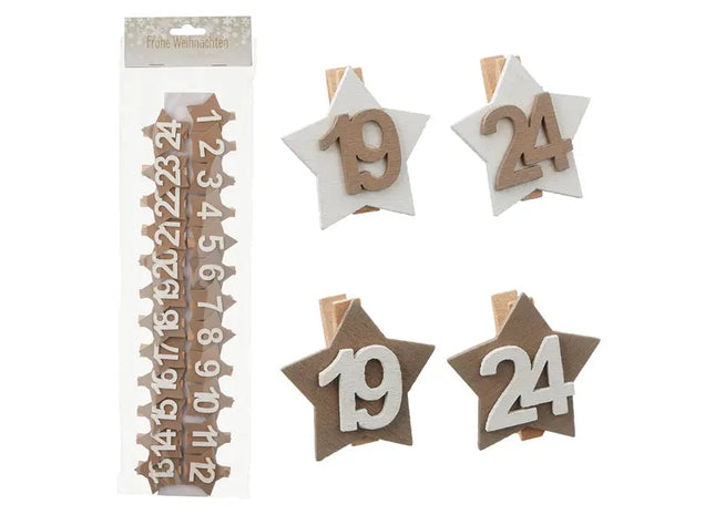 Dekoklammer für Adventskalender Stern - 24-tlg., 2/s, 4cm - Perfekt für weihnachtliche Bastelarbeiten TK Gruppe® Grosshandel 