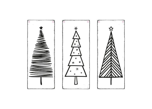 Blechschild-Set mit Tannenbaum, schwarz/weiß, 3-teilig, 14x35 cm – Nostalgische Weihnachtsdeko TK Gruppe® Grosshandel 
